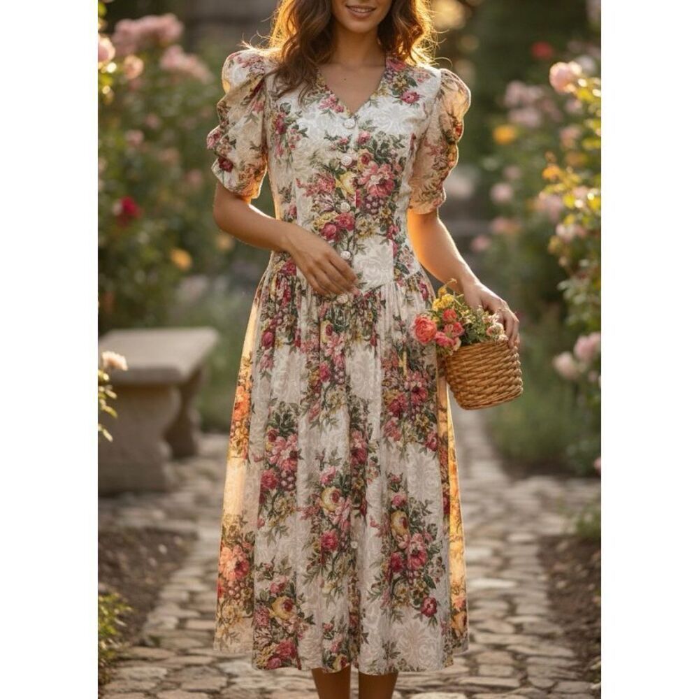 Vintage‎ Sweet Miranda Midi Dress size 10 Floral Cream Padded Shoulders Tie